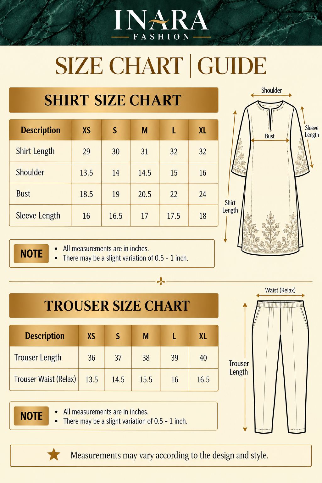 Size chart β Satrangi Co-ord
