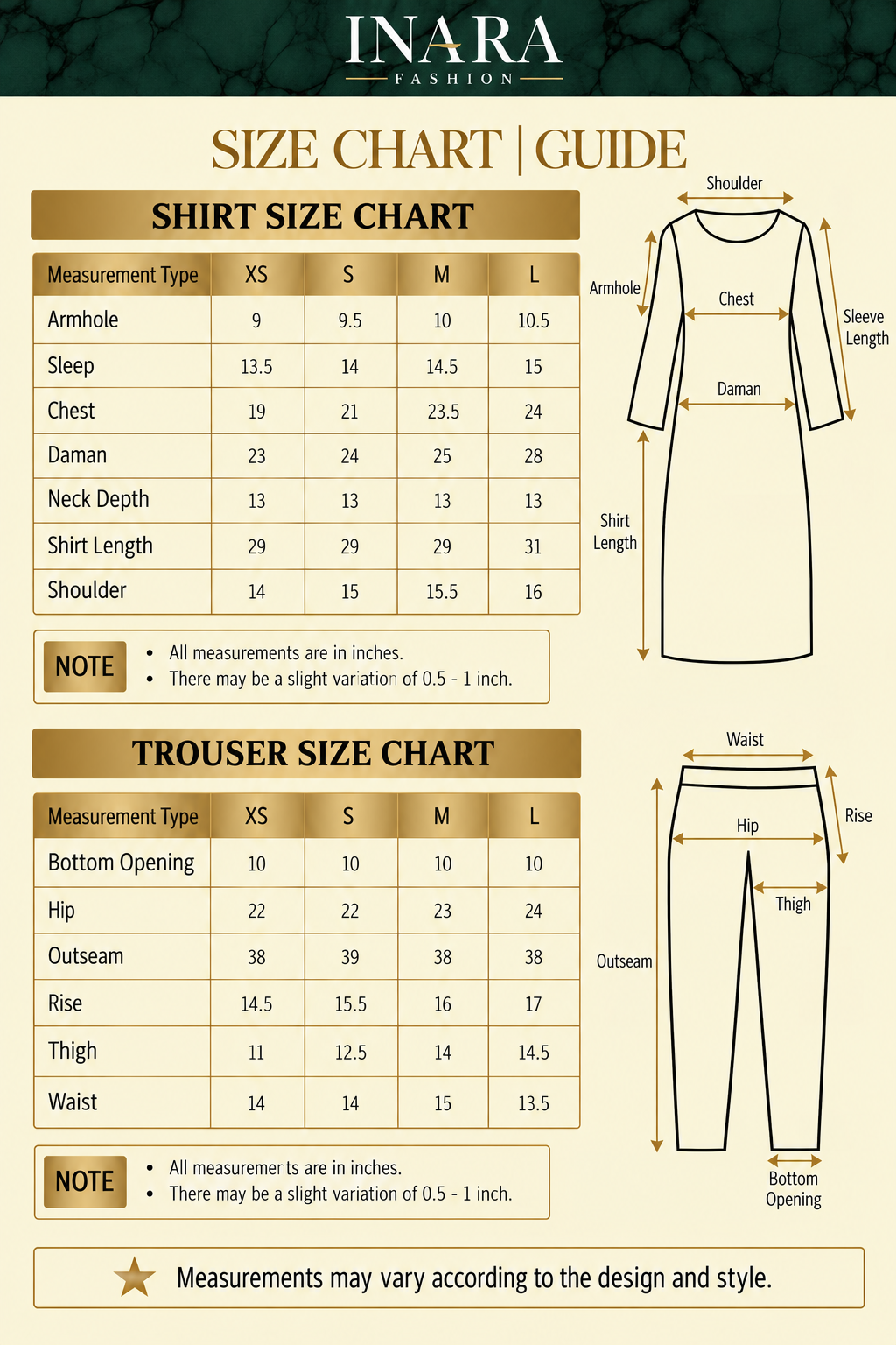 Size chart – Bela Co-ord