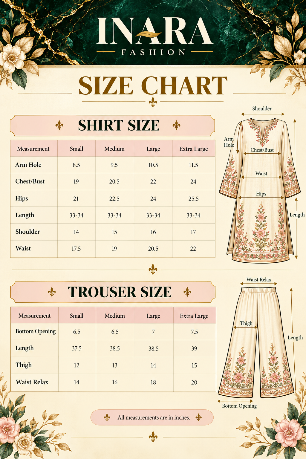 Size chart β Mogra 2 Piece