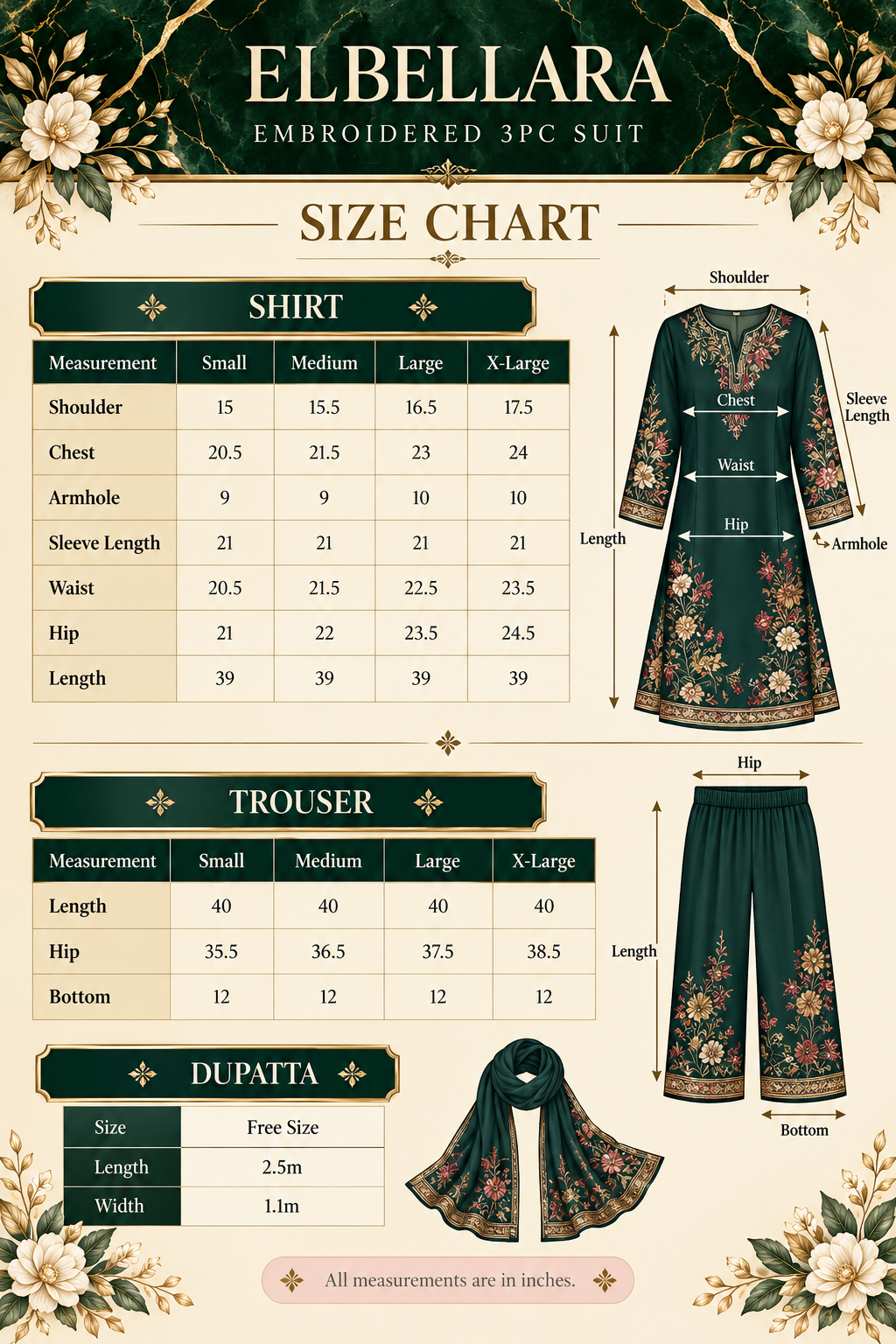 Size chart β Feroza 3 Piece